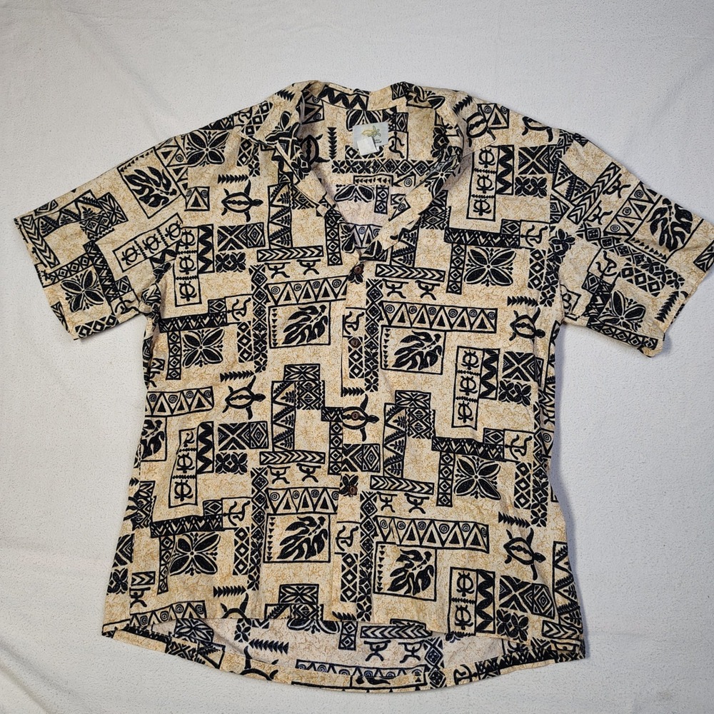 VINTAGE Ho Aloha Shirt Large Tan Black Cotton Tribal Print Hawaiian Button READ
